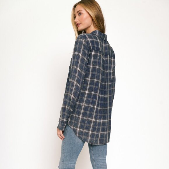 MYSTREE Blue Plaid Button Down Shirt Long Sleeve Oversized Casual Top - Picture 3 of 5